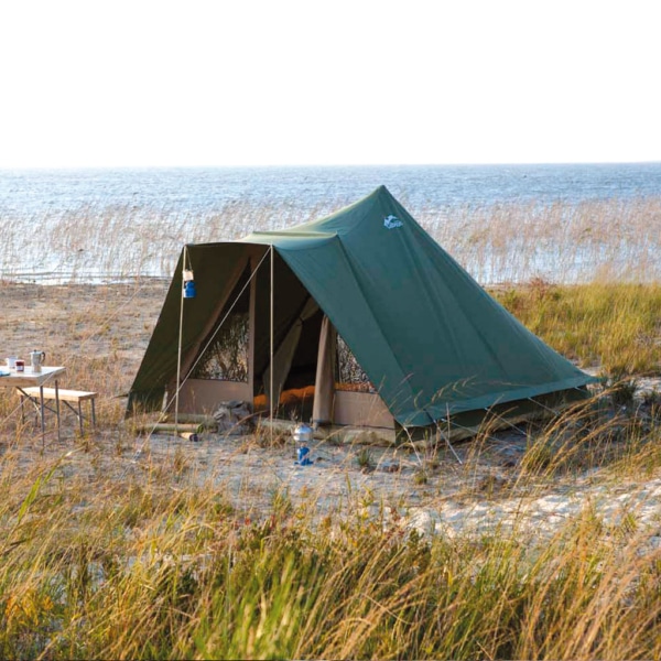 Front view of the Barbados family pyramid tent with large rolled-up entrance.