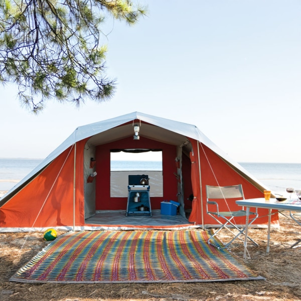 Interior view of Bora Bora tent with sewn-in storage compartments and private sleeping zones.