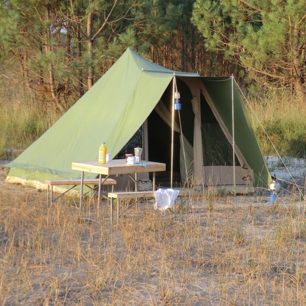 Front view of the Guadeloupe cotton pyramid tent with rolled-up entrance.