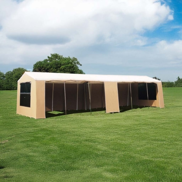 Tente Mini Marabout Storage 6.3m montée sur un camping de groupe.
