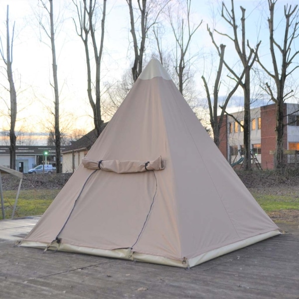 Tipi Plume tent pitched in a backyard setting.