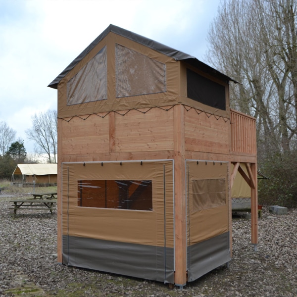 Wooden frame glamping tent for 2-4 people with compact, modern design.