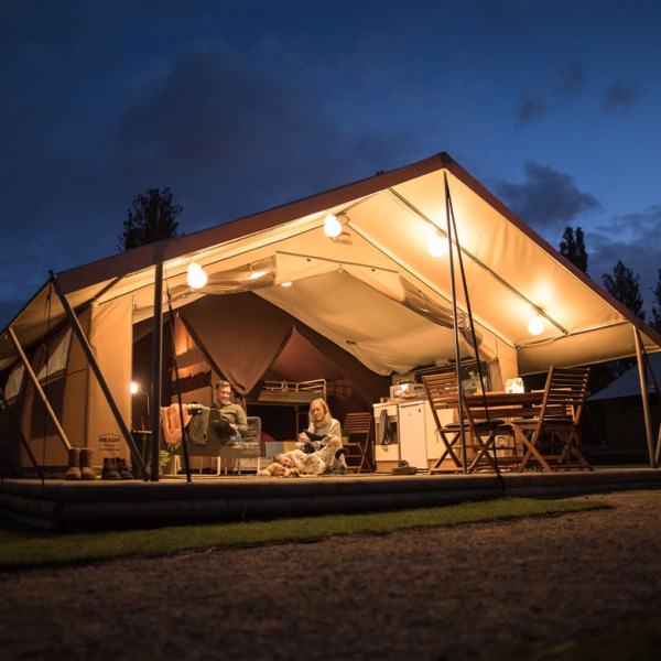 Classic 500 glamping tent with wood floor and two bedrooms for 5 people.