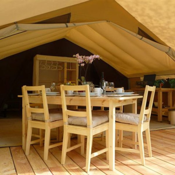 Spacious Classic 500 tent with Douglas fir flooring and breathable cotton walls."