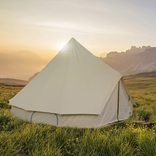 5-meter diameter Indiana tent with waterproof, breathable cotton walls.