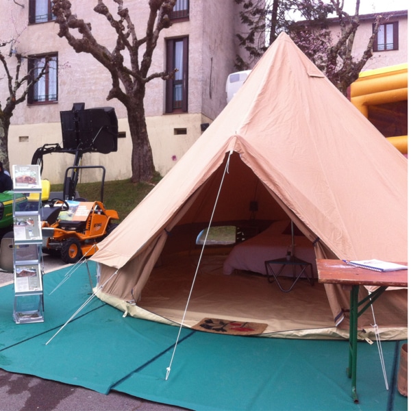 Indiana glamping tent with PVC floor and steel frame for stability.