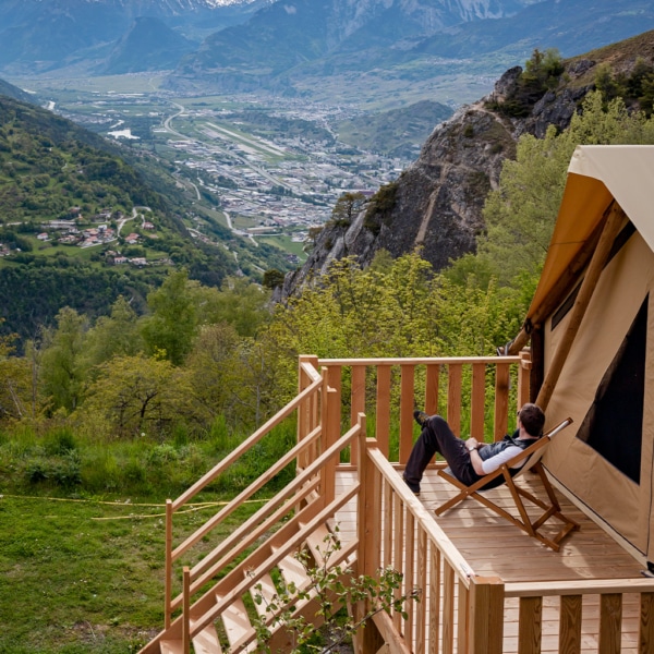 Durable wood-framed Vendredi tent for permanent glamping sites.