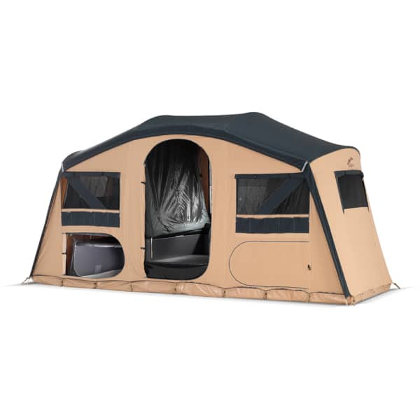 Family folding tent with removable front panel for flexible space.