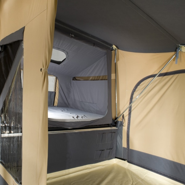 Durable folding tent with steel frame and PVC flooring."