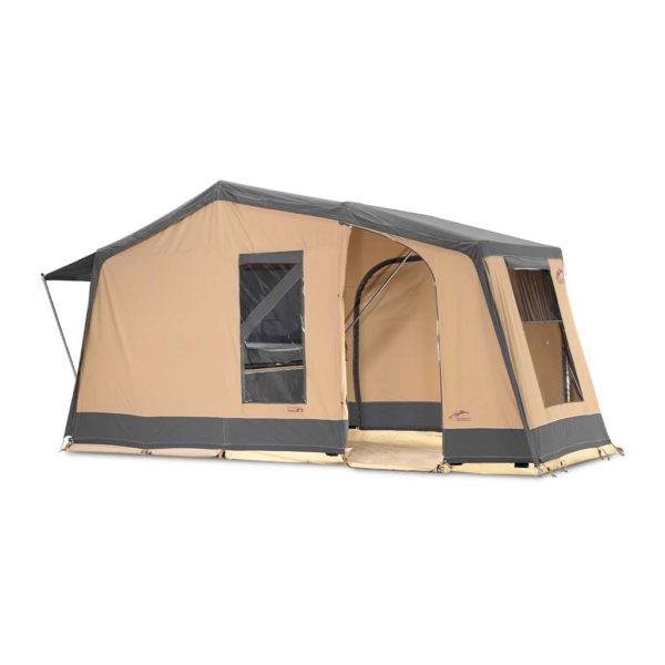 MALAWI 2.0 folding caravan with panoramic roof and double bed.