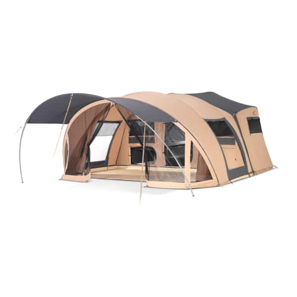 Compact family folding caravan with raised beds and integrated mattresses.