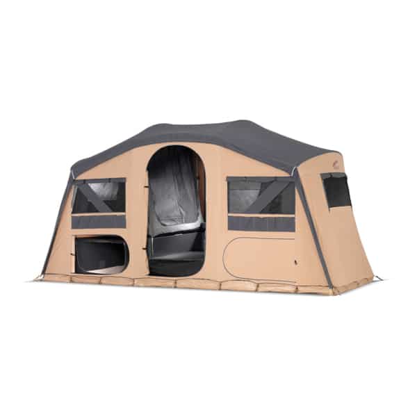 Family folding caravan with PVC flooring and dark gray cotton interior.