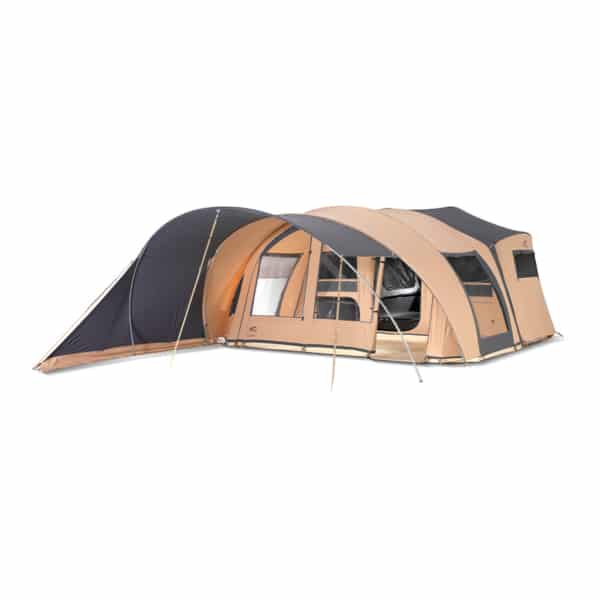 Compact family folding caravan with raised beds and integrated mattresses.