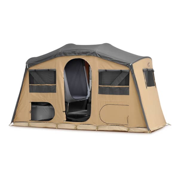 Mercury tent with integrated raised beds and dark gray cotton interior.