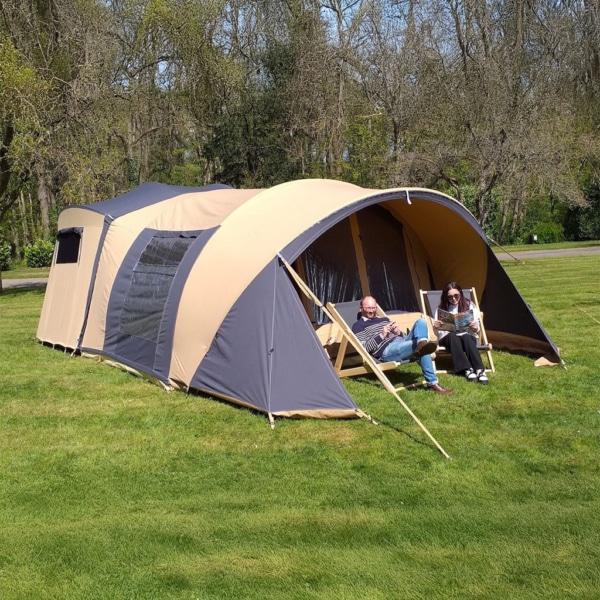 Mercury folding tent with large mosquito-protected kitchen window.