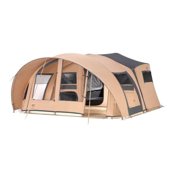 Family folding caravan with PVC flooring and dark gray cotton interior.