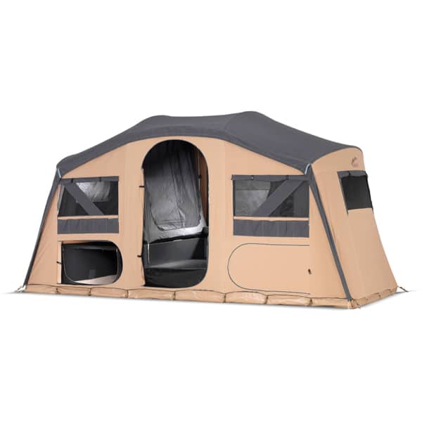 Compact family folding caravan with raised beds and integrated mattresses.